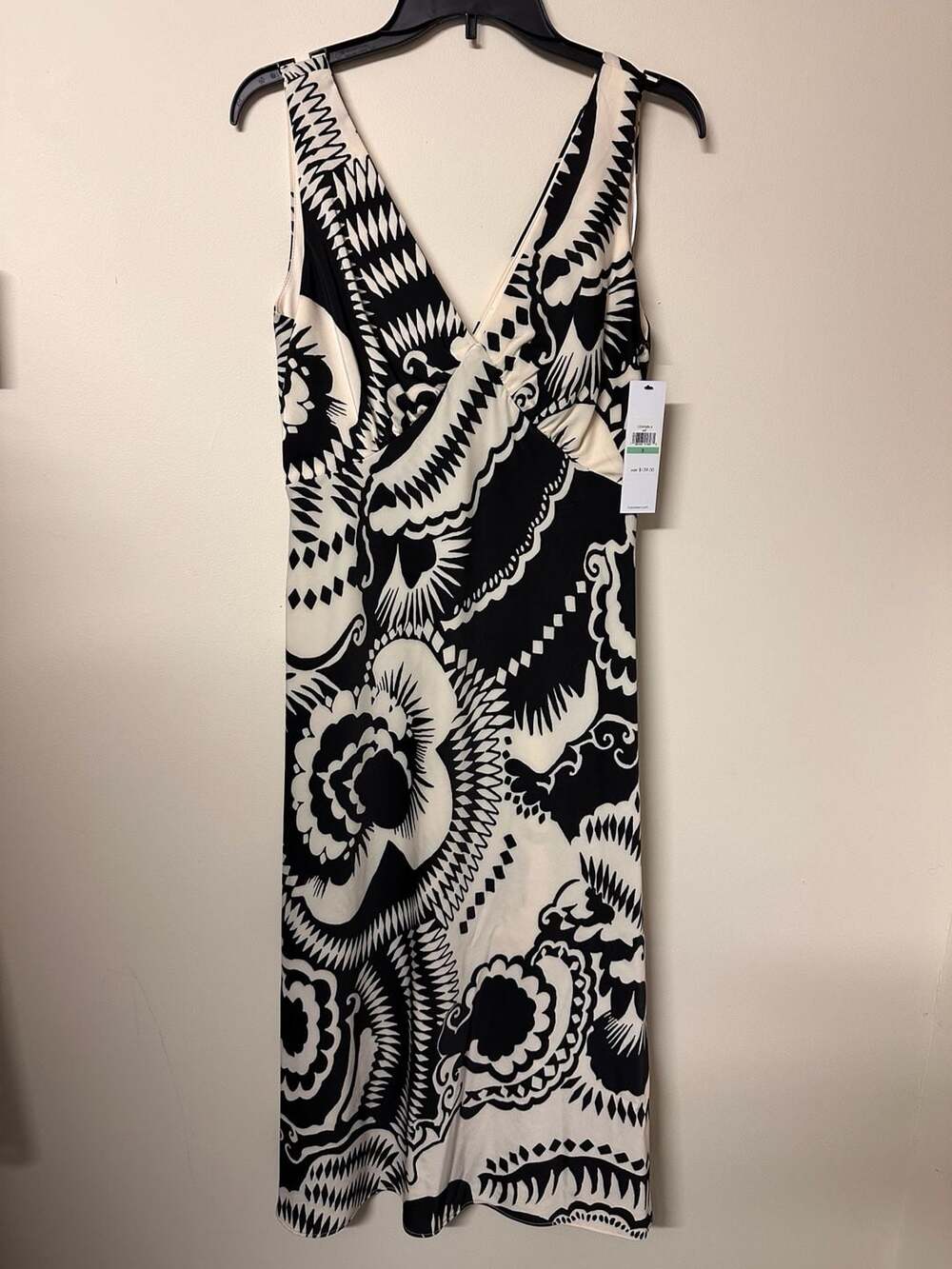 Calvin Klein Black Soft White Print V-Neck Satin Midi Cocktail Dress Size 8